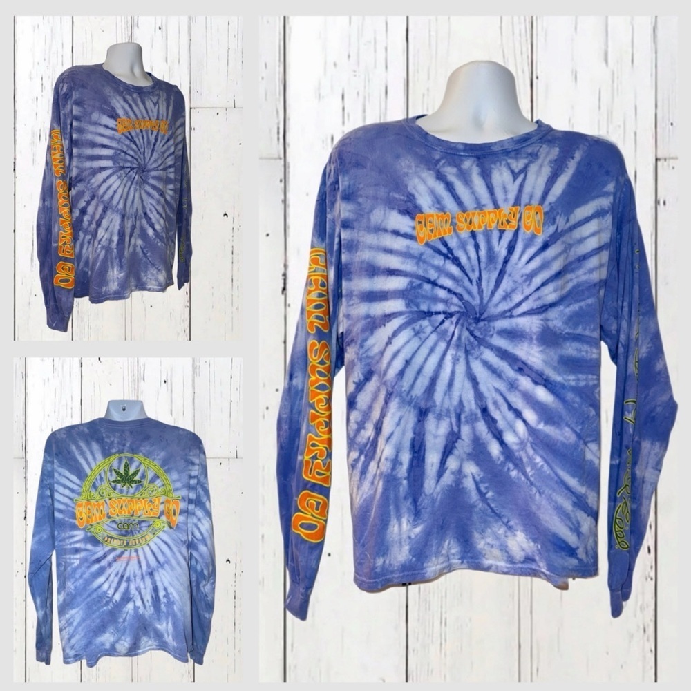 GEM Supply Co Cannabis Tie-Dye Long Sleeve Shirt XL Blue Spiral Graphic